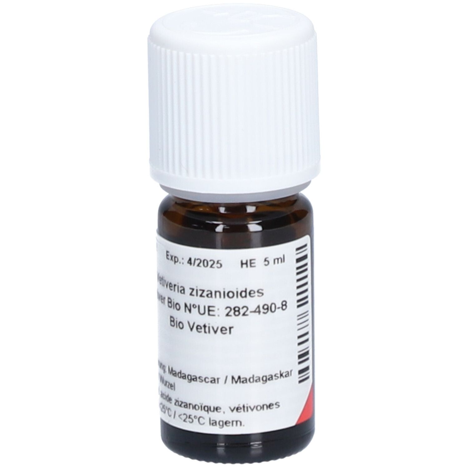 Flacon en verre brun avec bouchon blanc. Étiquette avec informations produit. Inscription: Vetiveria zizanioides, Bio Vetiver.