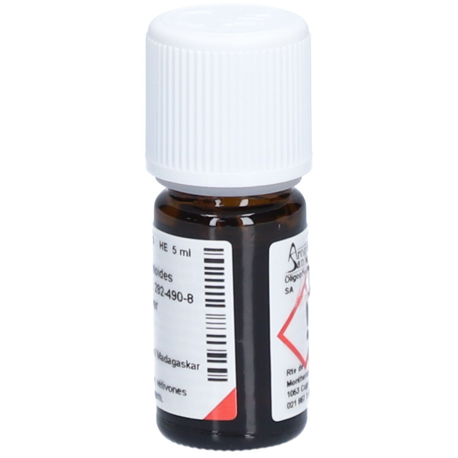 Flacon en verre brun avec bouchon blanc. Étiquette avec symboles de danger et informations produit. Marque: Aromapflege.