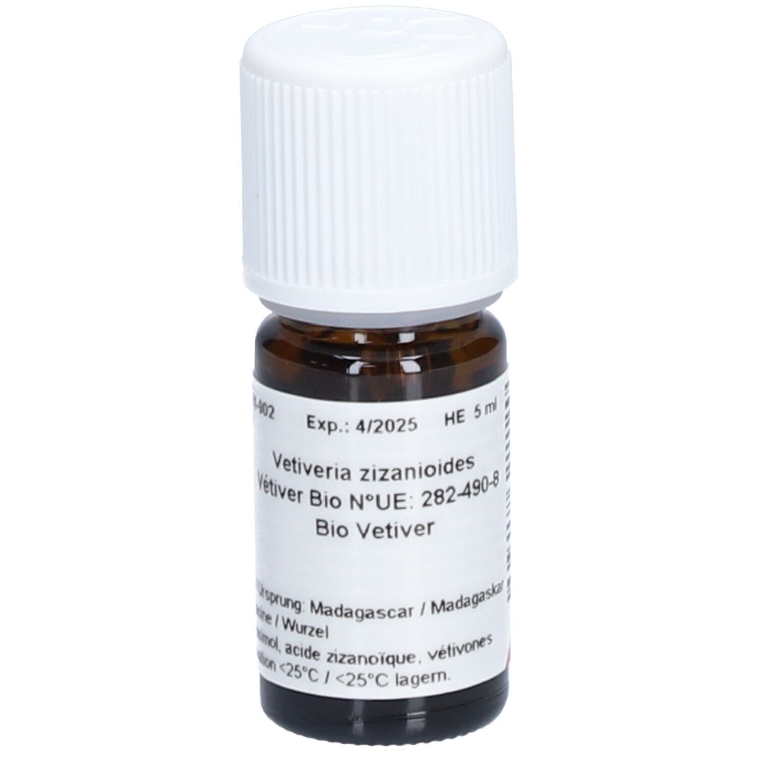 Flacon en verre brun avec bouchon blanc. Étiquette avec informations produit. Inscription: Vetiveria zizanioides, Bio Vetiver.