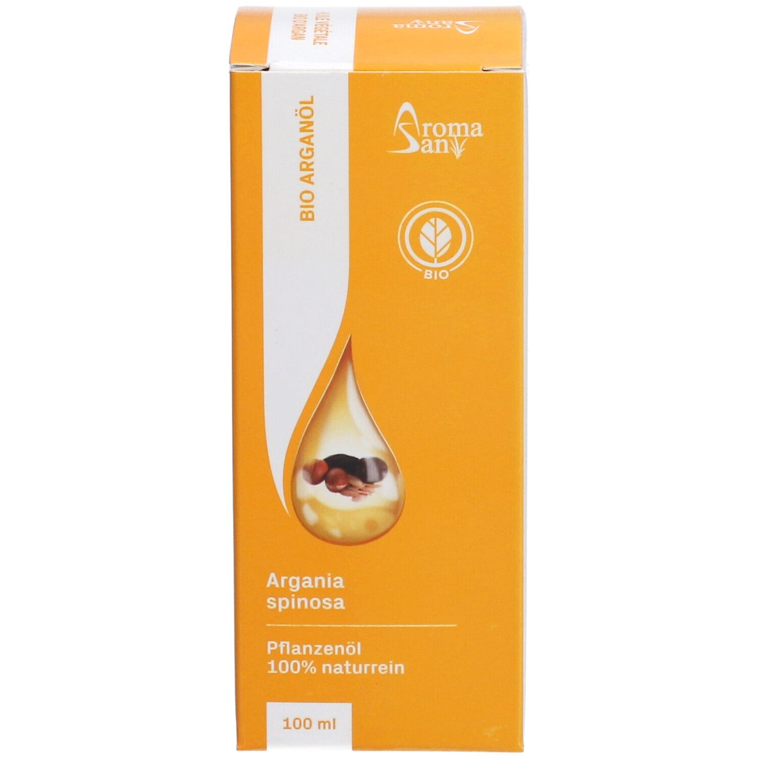 Emballage carton avec informations produit. Inscription: Bio Arganöl. Symbole de goutte avec graines d'argan.