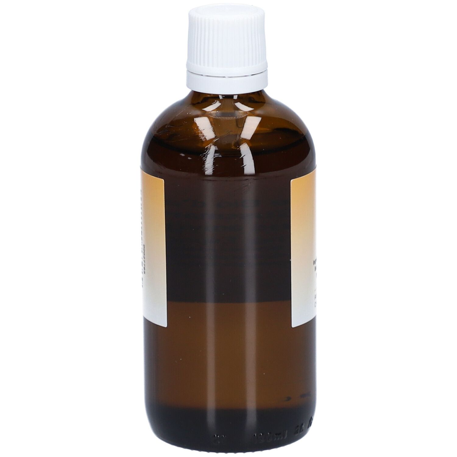 Flacon en verre brun avec bouchon blanc. Étiquette avec informations produit. Huile d'amande douce BIO.