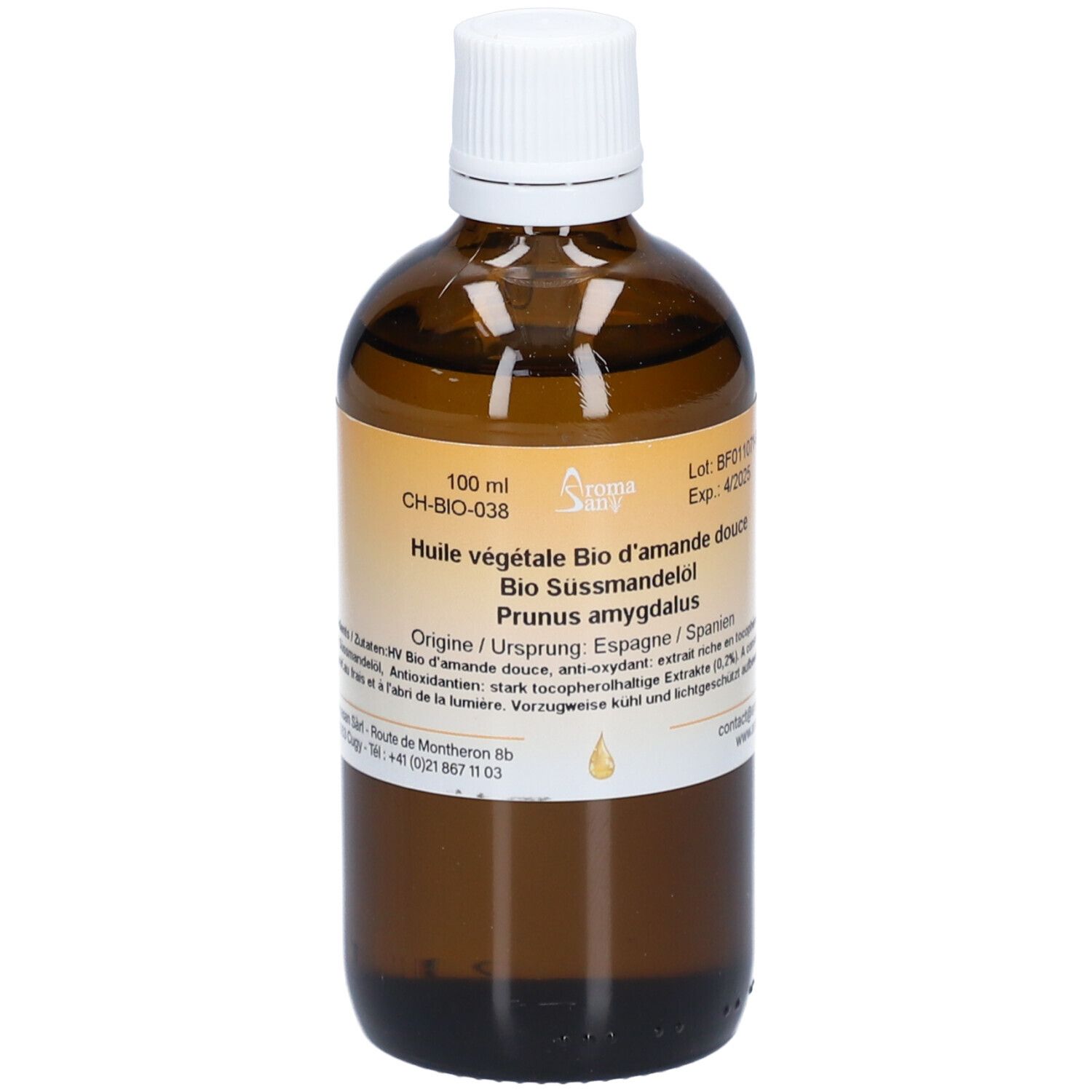 Flacon en verre brun avec bouchon blanc. Étiquette avec informations produit. Huile d'amande douce BIO.
