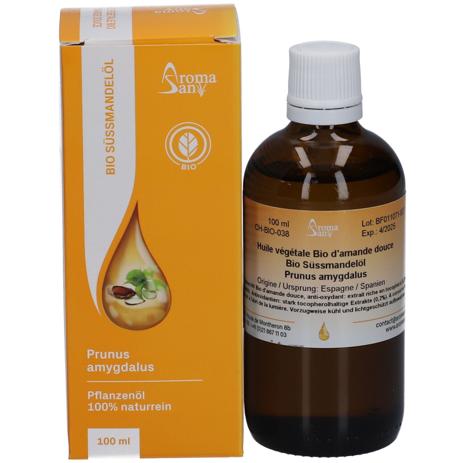 Flacon en verre brun avec bouchon blanc et carton. Carton avec symbole goutte et informations. Huile d'amande douce BIO.