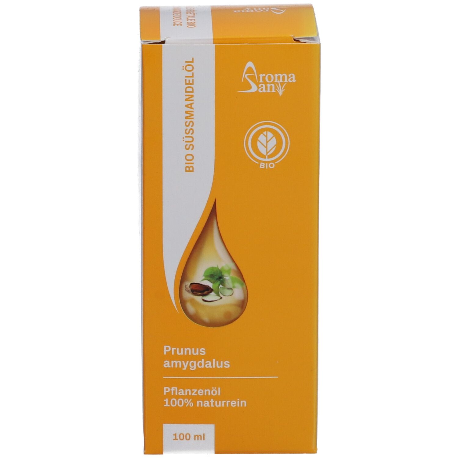 Carton avec symbole goutte et informations. Huile d'amande douce BIO. Huile végétale 100% pure.