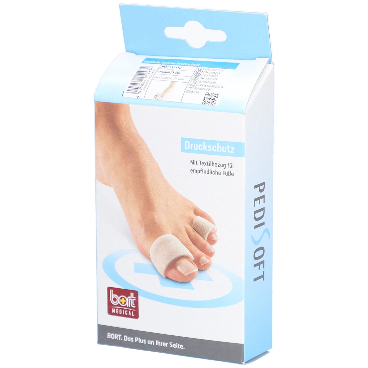Emballage PediSoft Druckschutz. Le produit est représenté sur un pied. Logo Bort Medical en bas.