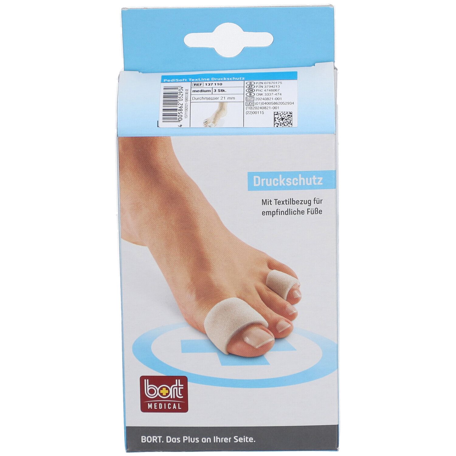 Emballage PediSoft Druckschutz. Produit représenté sur un pied. Logo Bort Medical.