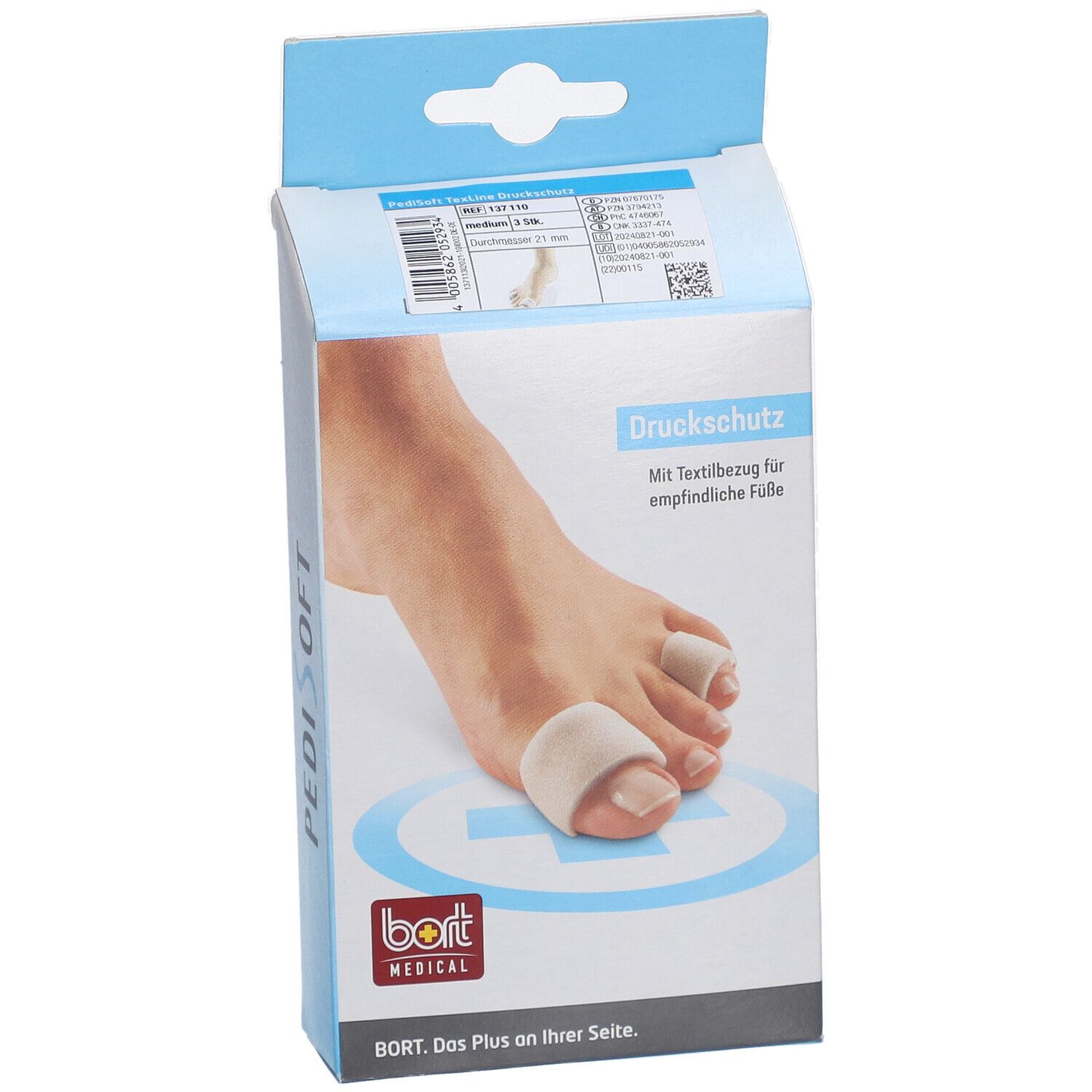 Emballage PediSoft Druckschutz. Produit représenté sur un pied. Logo Bort Medical.
