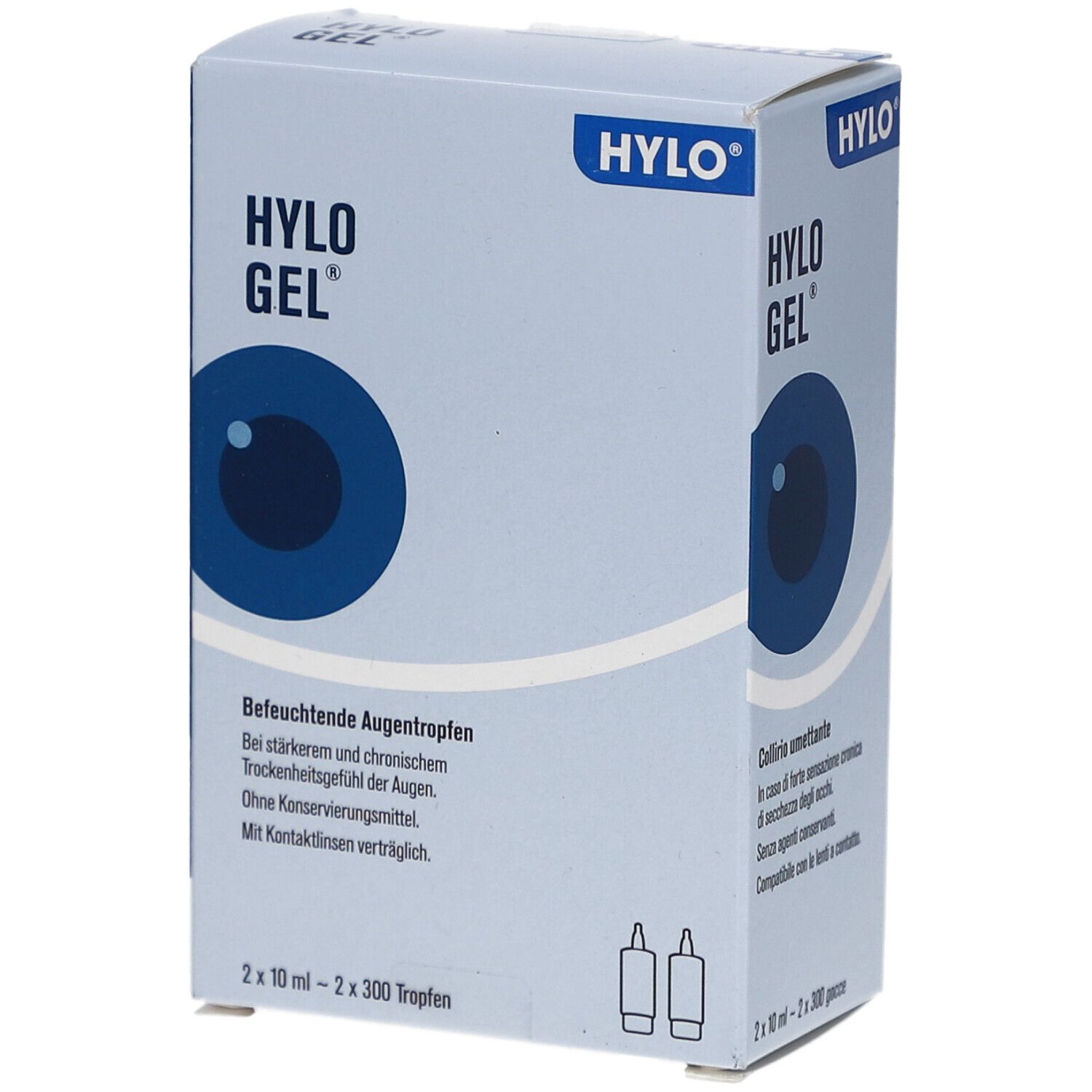 Boîte blanche avec logo HYLO GEL et œil. Contient 2 flacons. Texte : Collyre hydratant.