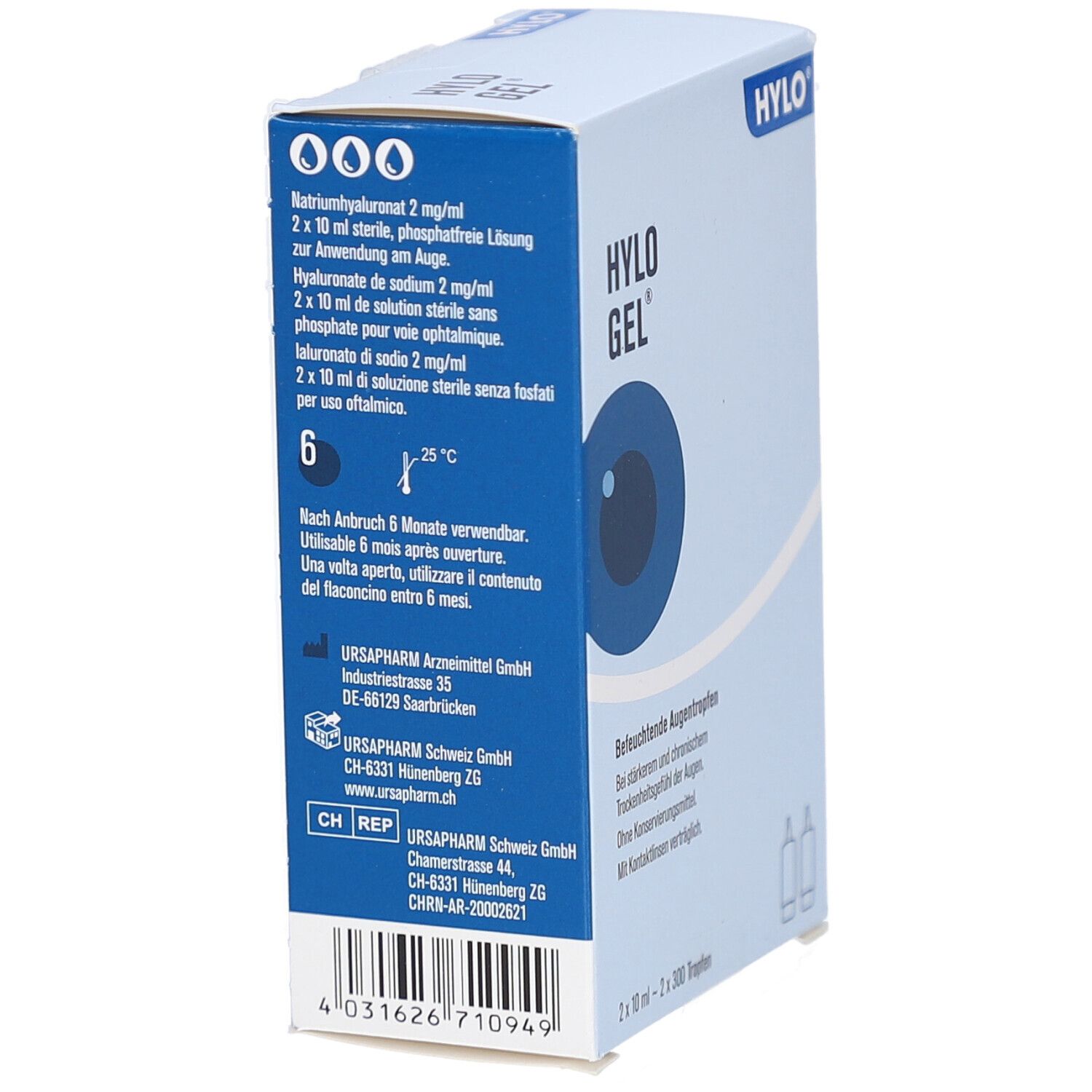 Boîte avec logo HYLO GEL et œil. Dos avec informations sur le contenu et le fabricant.