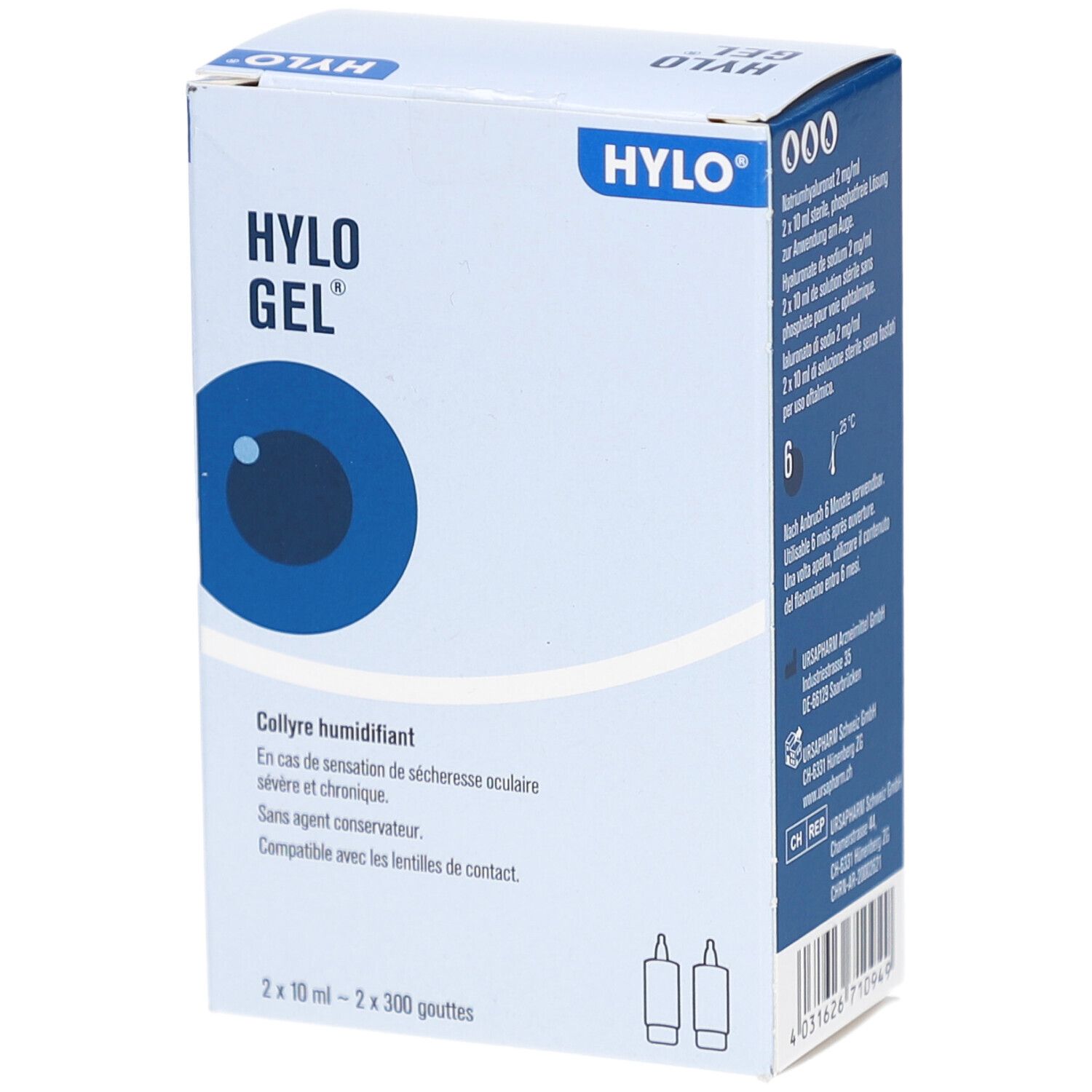 Boîte avec logo HYLO GEL et œil. Texte : Collyre humifant. Contient 2 flacons.
