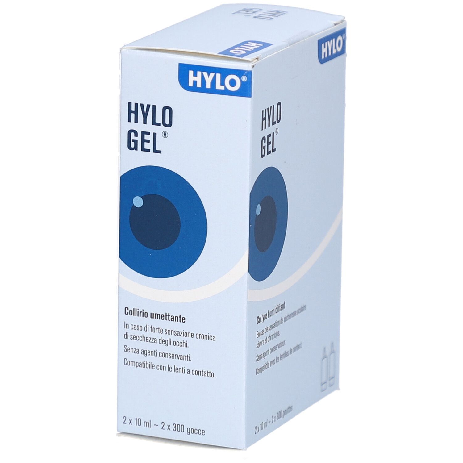 Boîte avec logo HYLO GEL et œil. Texte : Collyre humifant. Contient 2 flacons.