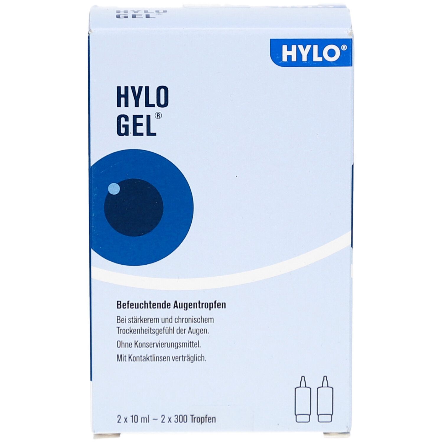 Boîte blanche avec logo HYLO GEL et œil. Texte : Collyre hydratant. 2 flacons.