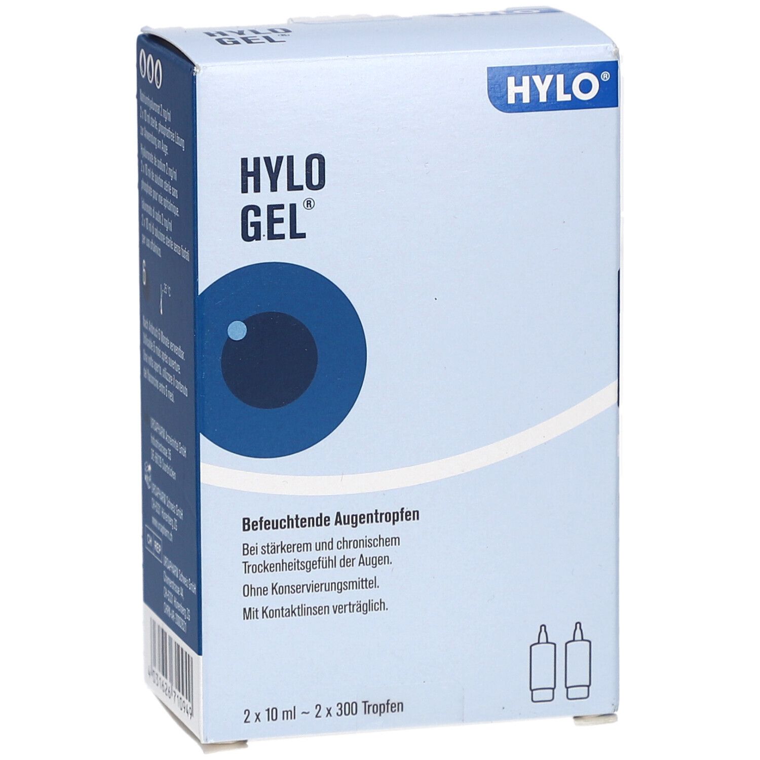 Boîte blanche avec logo HYLO GEL et œil. Texte : Collyre hydratant. 2 flacons.