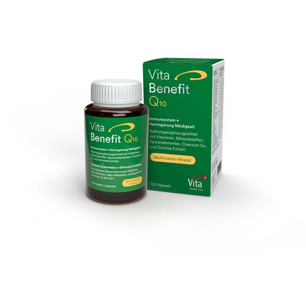 Flacon brun et boîte Vita Benefit Q10, 120 capsules. Inscription: Multivitamines-Minéraux. Logo Vita Health Care.