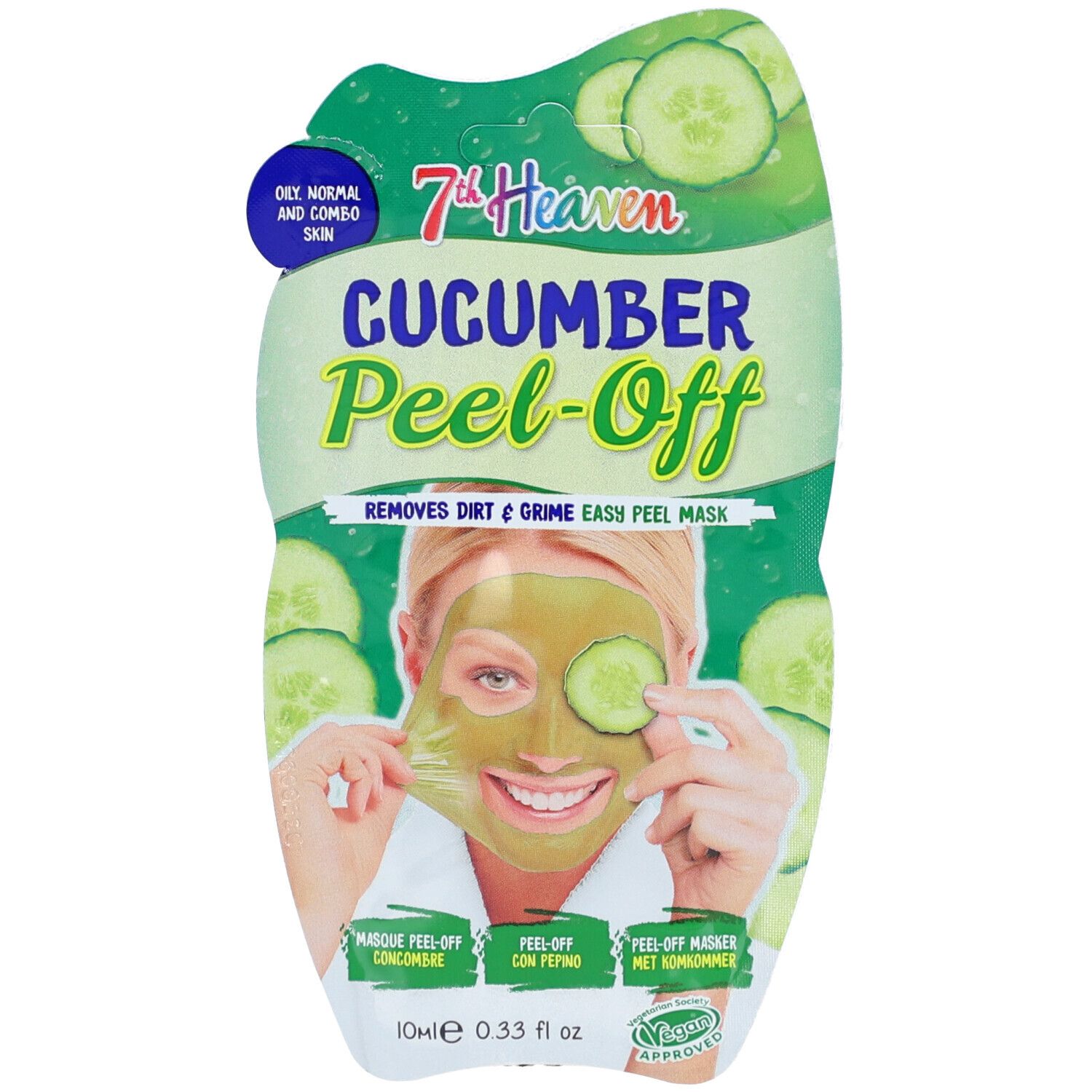 Emballage de masque facial. Inscription: 7th Heaven Cucumber Peel-Off. Femme avec masque et tranche de concombre.