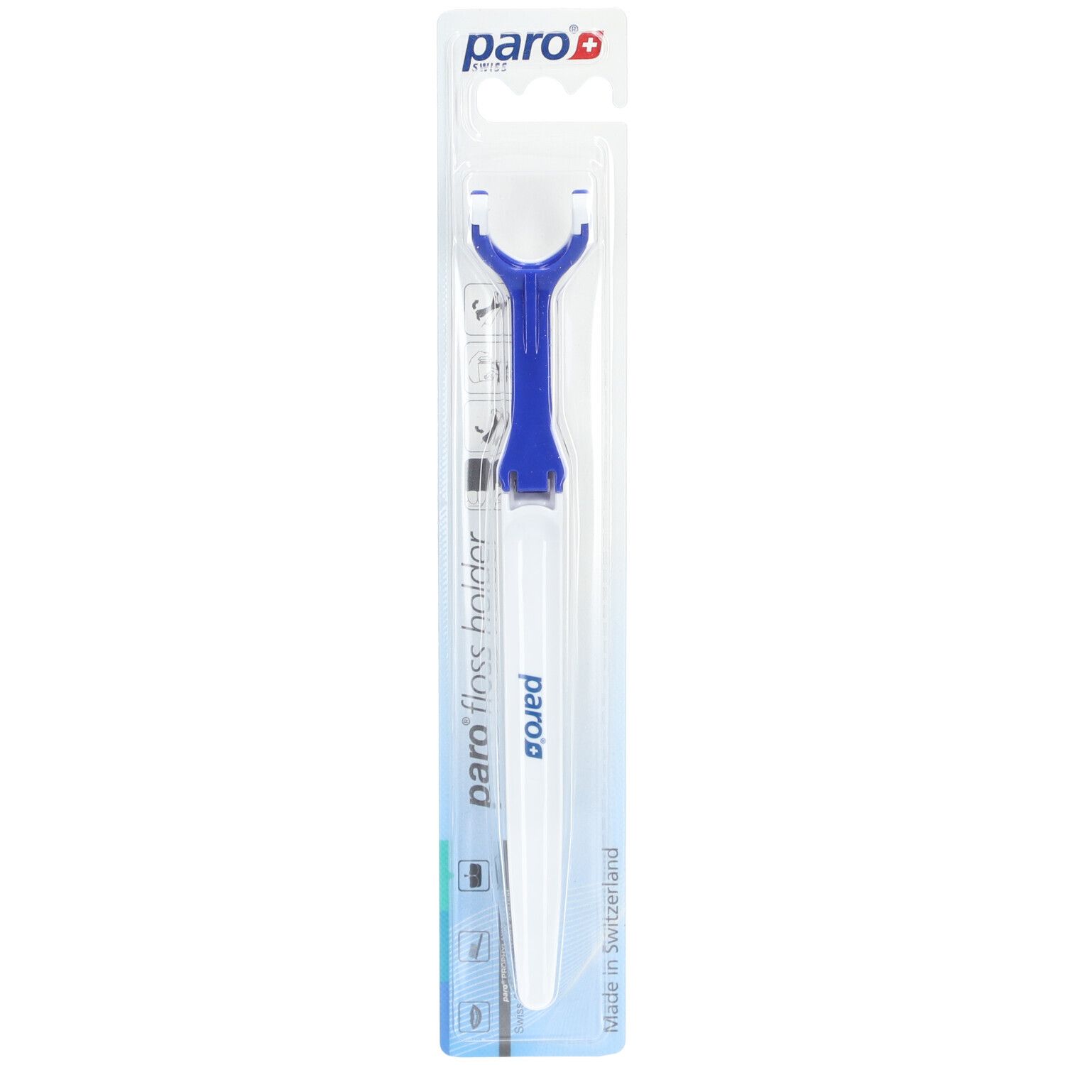 Porte-fil dentaire bleu et blanc, emballé. Marque paro.