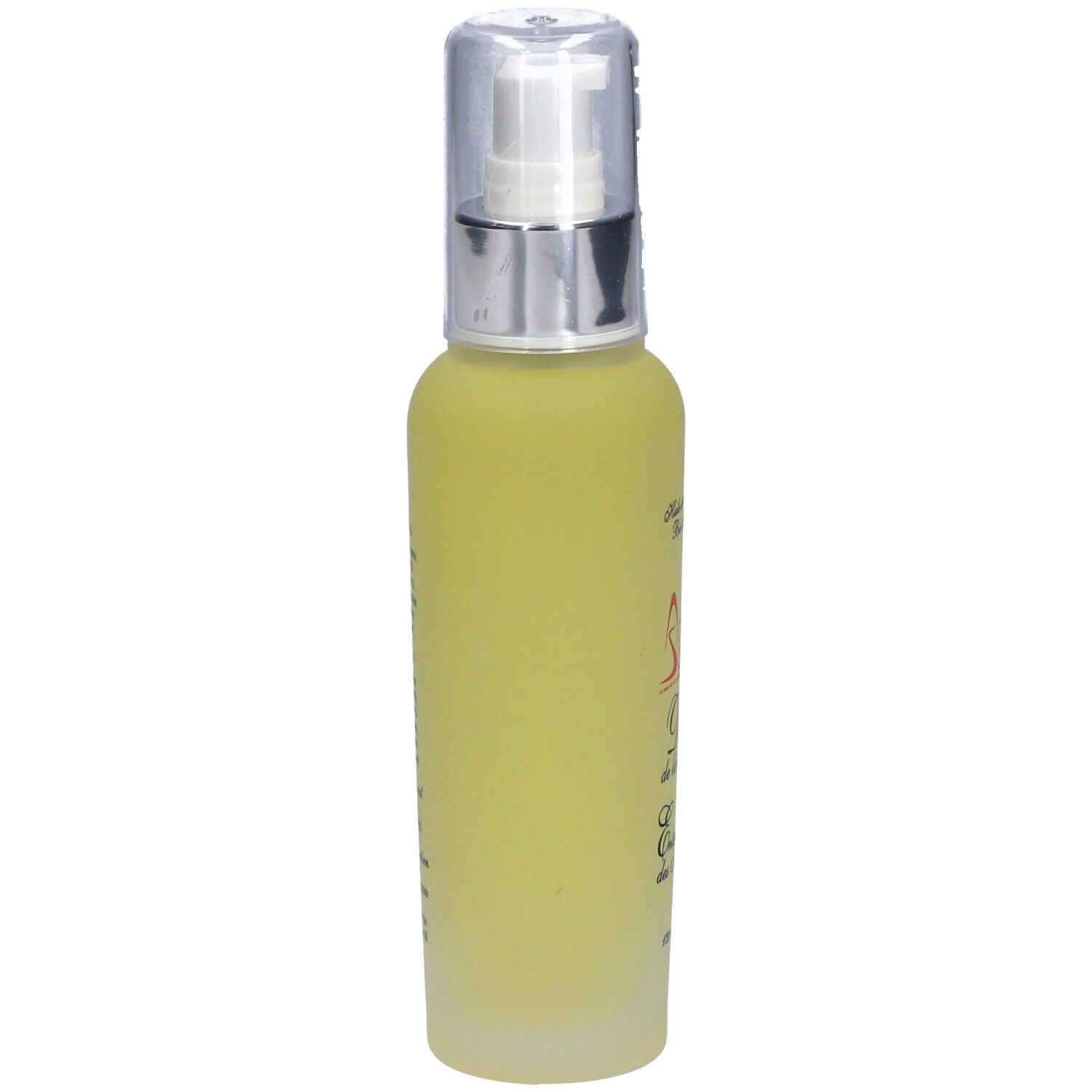 Flacon jaune avec vaporisateur, vue latérale. Inscription: Aromasan, Détente de la Nuque, Entspannung des Nackens, Bio Massageöl.