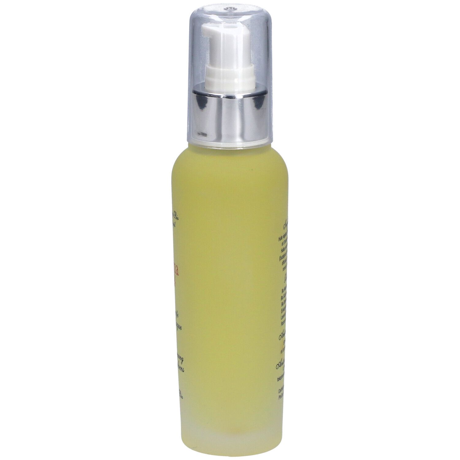 Flacon jaune avec vaporisateur, vue latérale. Inscription: Aromasan, Détente de la Nuque, Entspannung des Nackens, Bio Massageöl.