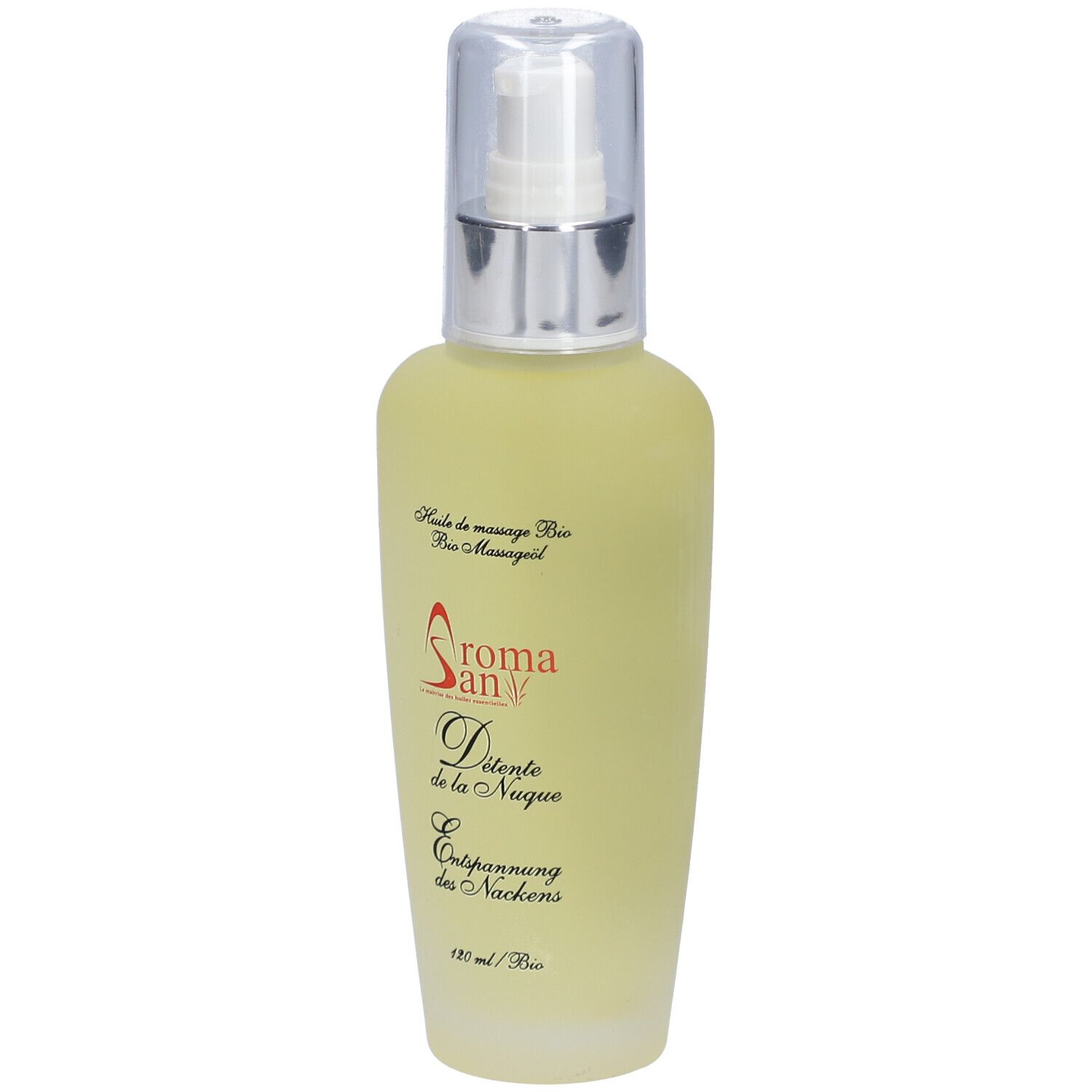 Flacon jaune avec vaporisateur. Inscription: Aromasan, Détente de la Nuque, Entspannung des Nackens, Bio Massageöl.