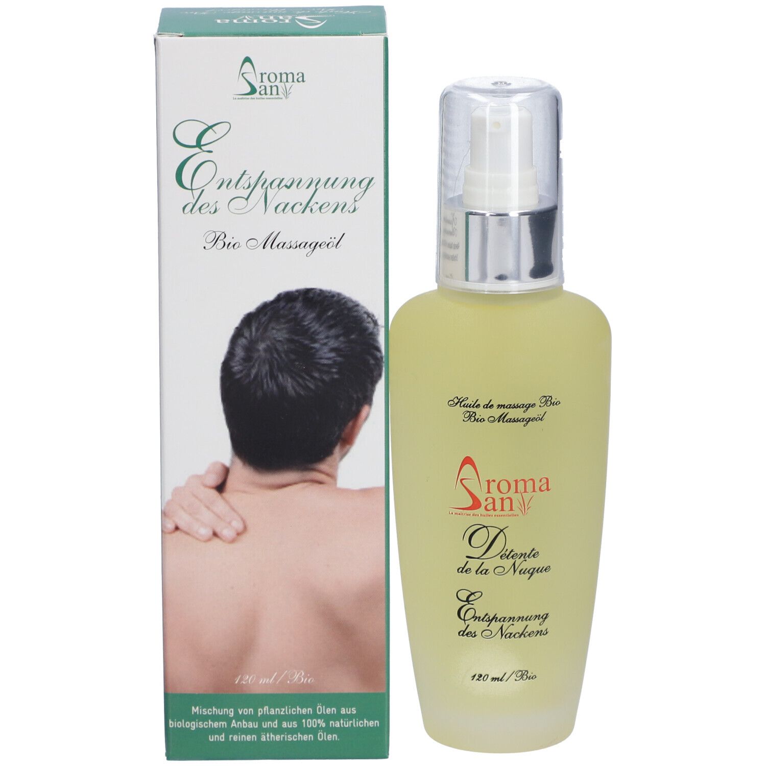 Flacon et emballage. Flacon: Aromasan, Détente de la Nuque, Entspannung des Nackens, Bio Massageöl. Emballage: Homme touchant sa nuque.