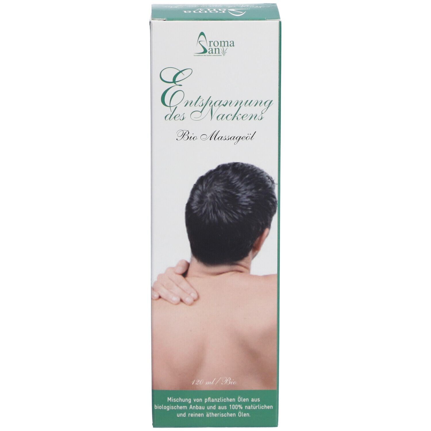 Emballage. Inscription: Aromasan, Entspannung des Nackens, Bio Massageöl. Illustration: Homme touchant sa nuque.