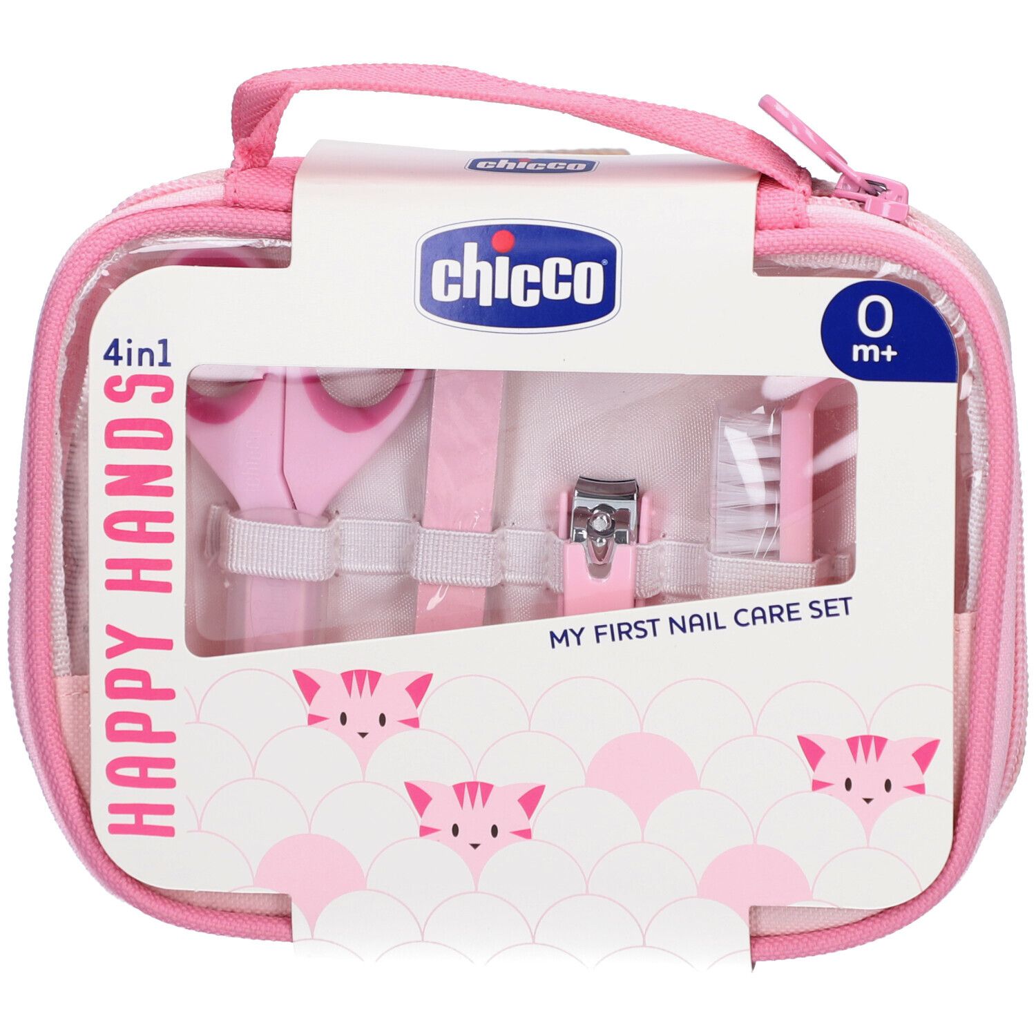 Trousse de soins des ongles pour filles. Trousse rose avec poignée. Ciseaux, lime, coupe-ongles et brosse inclus. Logo "Chicco".
