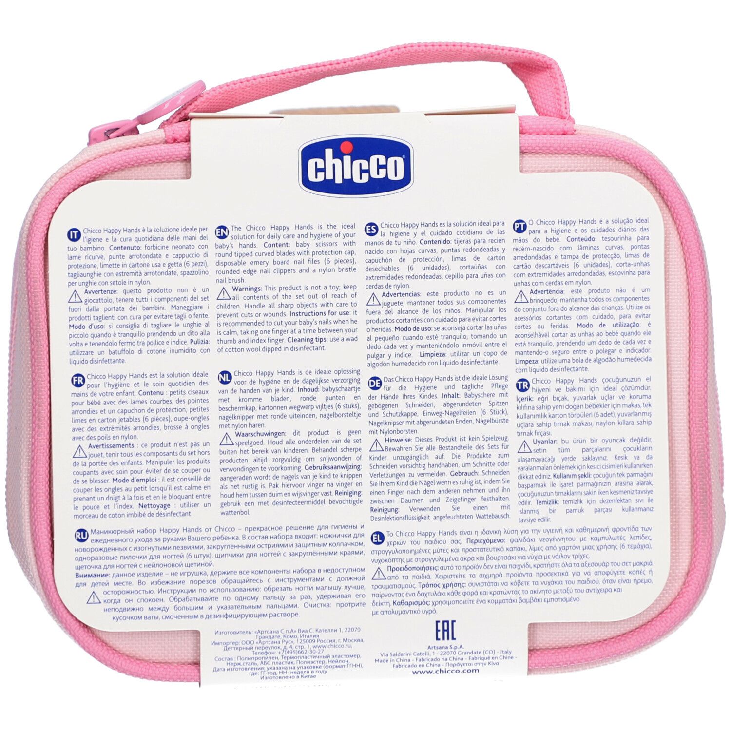 Dos de la trousse de soins des ongles. Trousse rose avec poignée. Texte multilingue. Logo "Chicco".