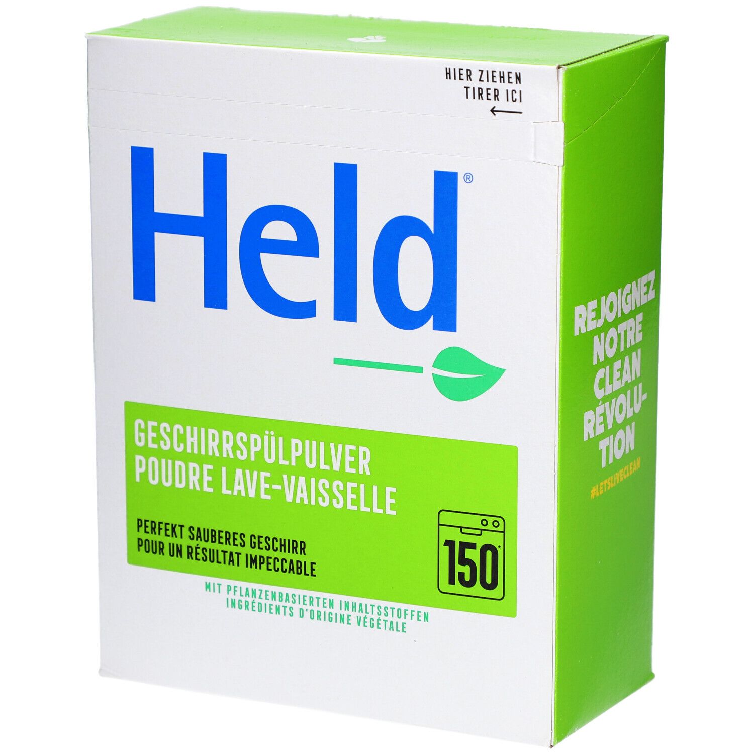 Boîte de poudre pour lave-vaisselle HELD avec inscription 'Held' et symbole feuille. Partie latérale verte avec texte.