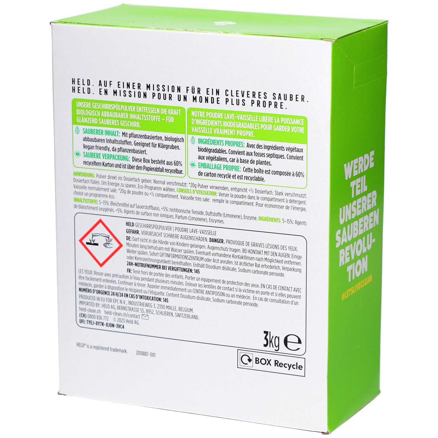 Arrière de la boîte de poudre pour lave-vaisselle HELD avec informations produit, symboles d'avertissement et indication 3kg.