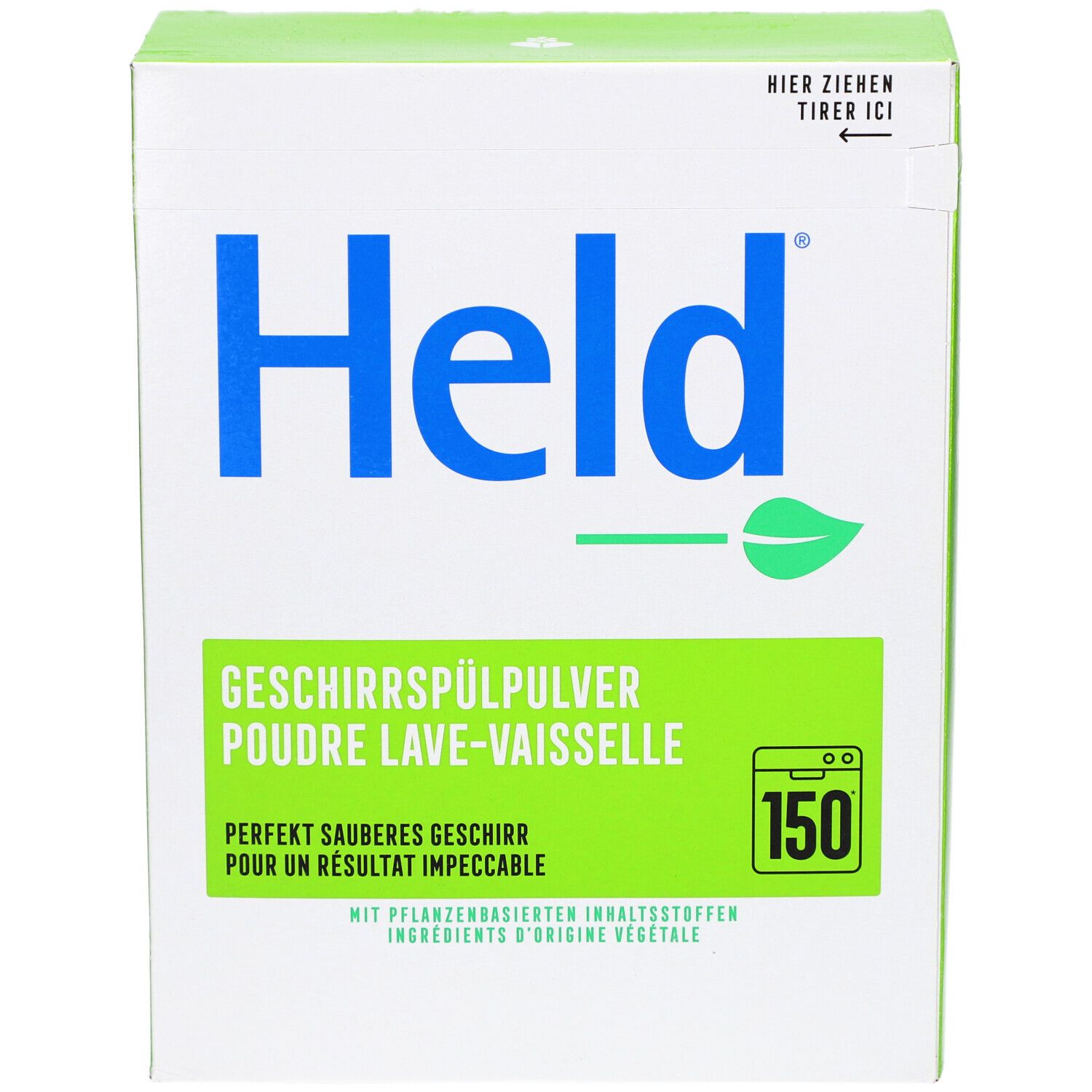 Face avant de la boîte de poudre pour lave-vaisselle HELD avec inscription 'Held', symbole feuille et indication '150'.