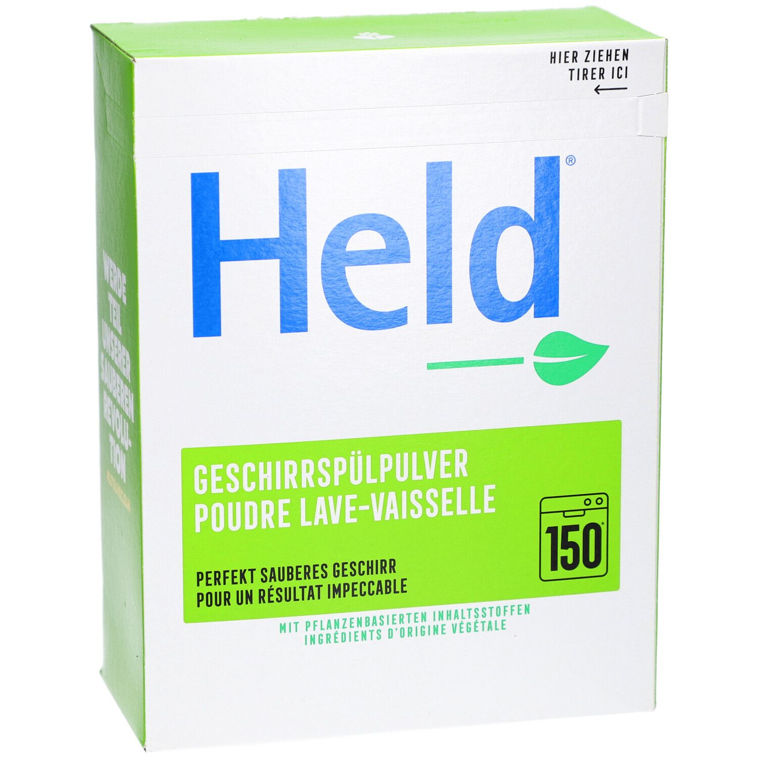Boîte de poudre pour lave-vaisselle HELD, face avant avec inscription 'Held', symbole feuille et indication '150'.