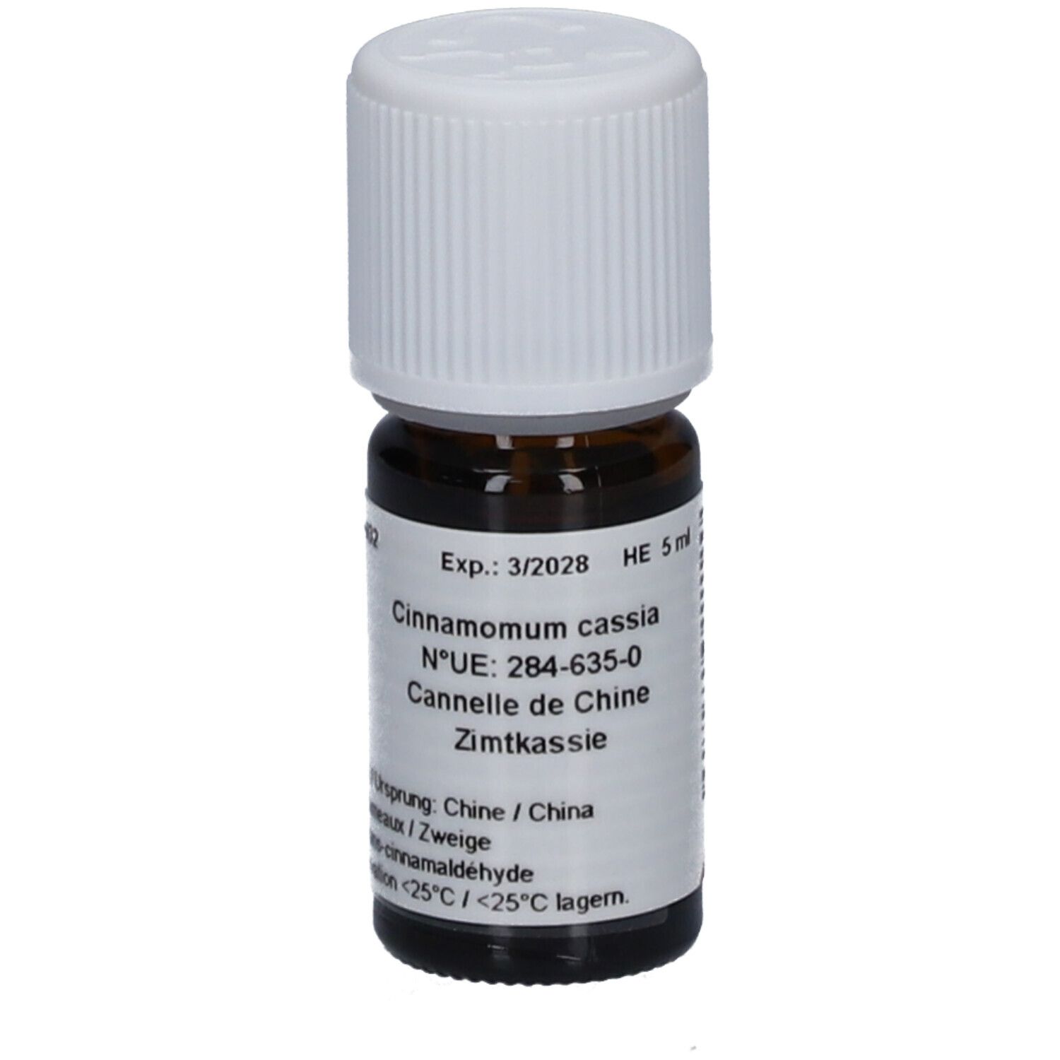 Flacon en verre brun avec bouchon blanc. Étiquette avec texte: Cinnamomum cassia, Cannelle de Chine. HE 5 ml.