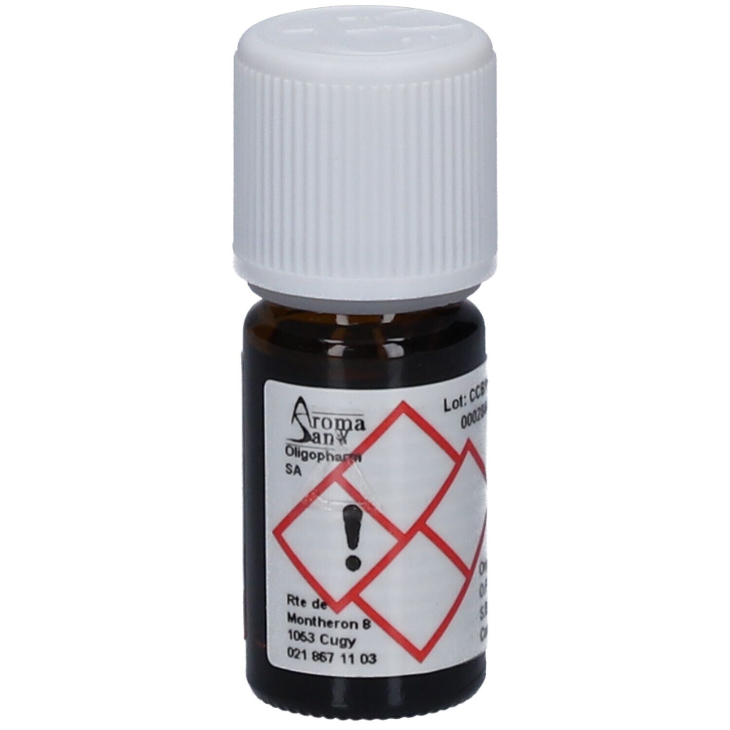 Flacon en verre brun avec bouchon blanc. Étiquette avec logo, symbole de danger et texte: AromaSan, Oligopharm SA.