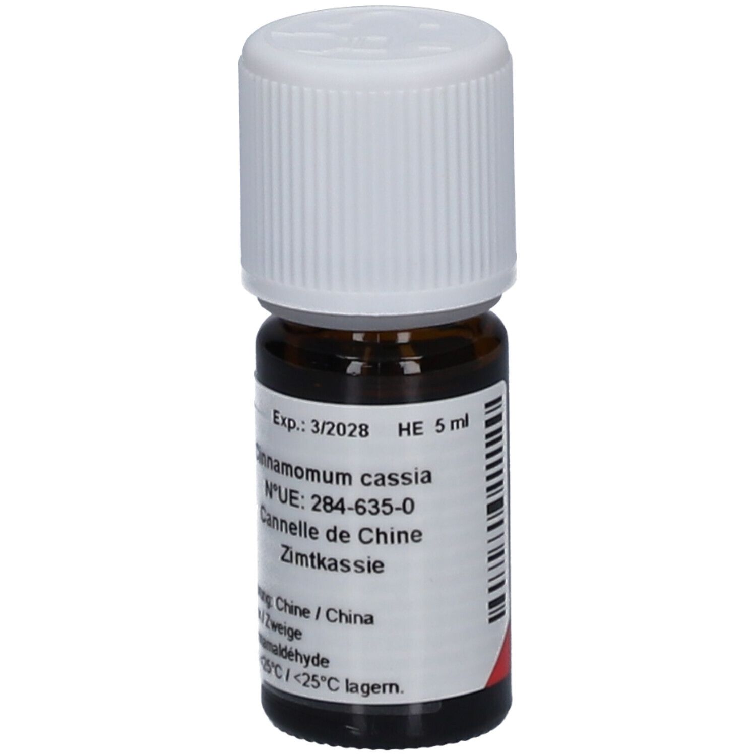 Flacon en verre brun avec bouchon blanc. Étiquette avec texte: Cinnamomum cassia, Cannelle de Chine. HE 5 ml.