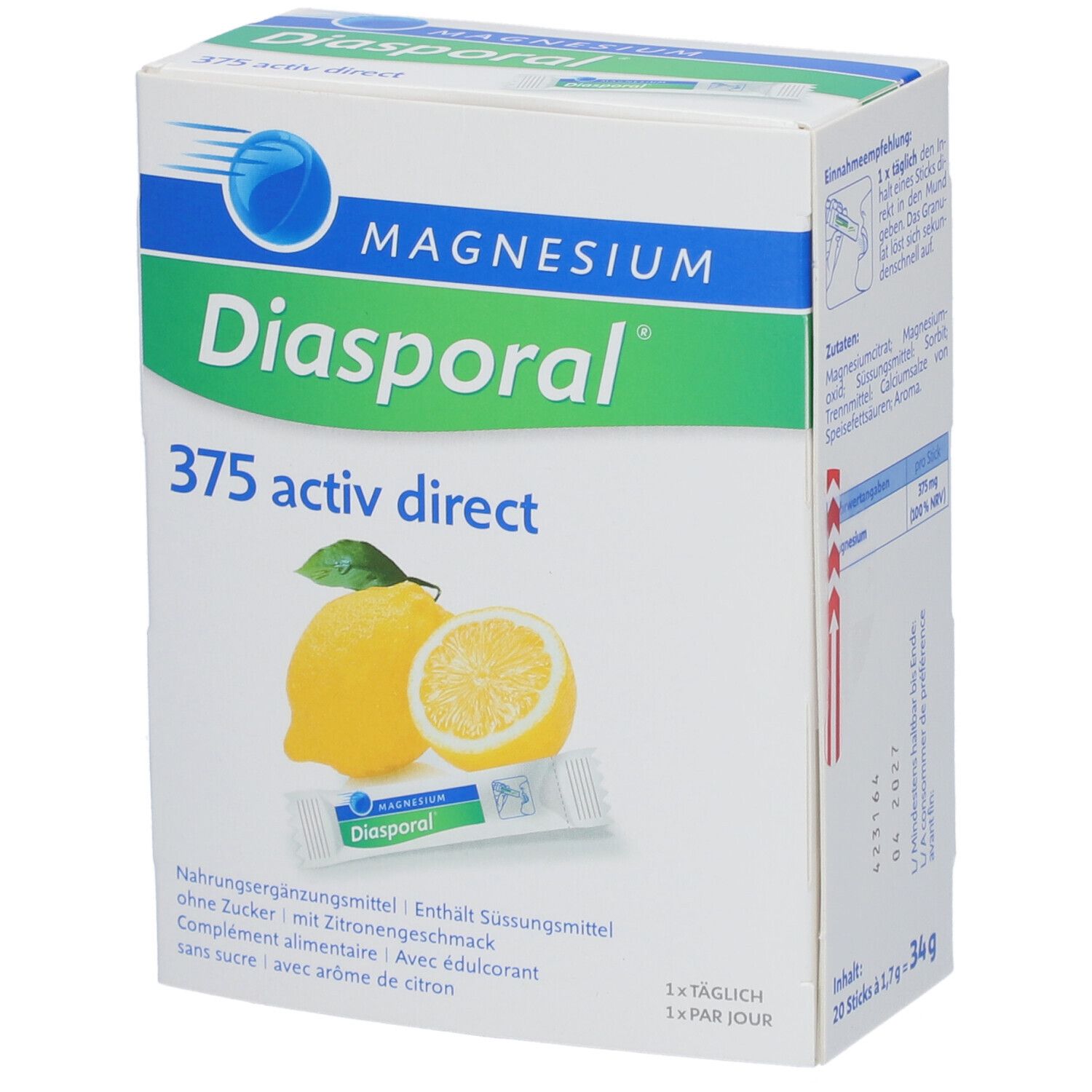 Boîte blanche avec nom du produit et citron. Contient 20 sticks. Inscription : Magnesium Diasporal 375 activ direct.