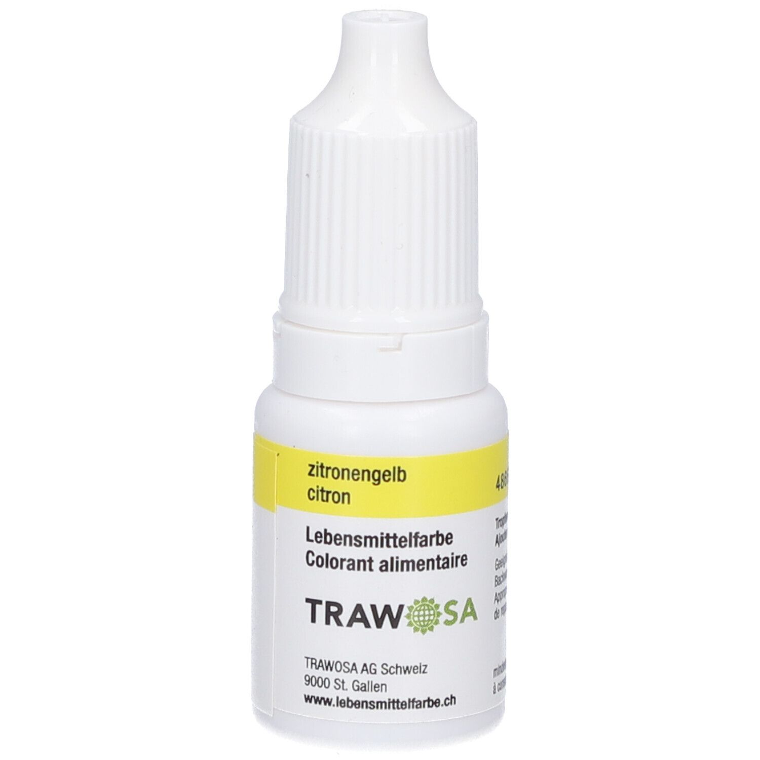 Flacon blanc avec étiquette jaune. Inscription: zitronengelb, Colorant alimentaire, TRAWOSA. Flacon compte-gouttes.