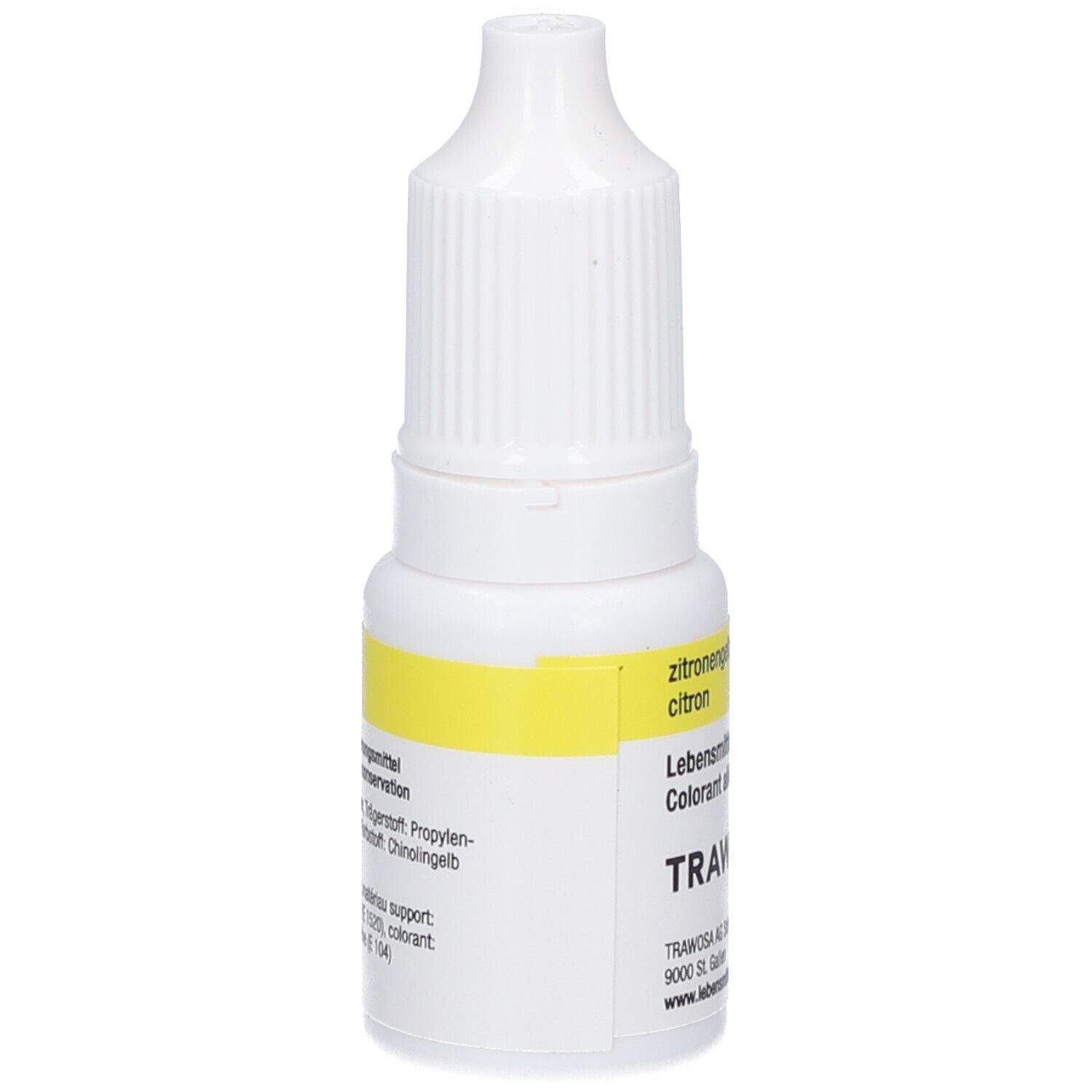 Flacon blanc avec étiquette jaune. Inscription: zitronengelb, Colorant alimentaire, TRAWOSA. Dos avec ingrédients.