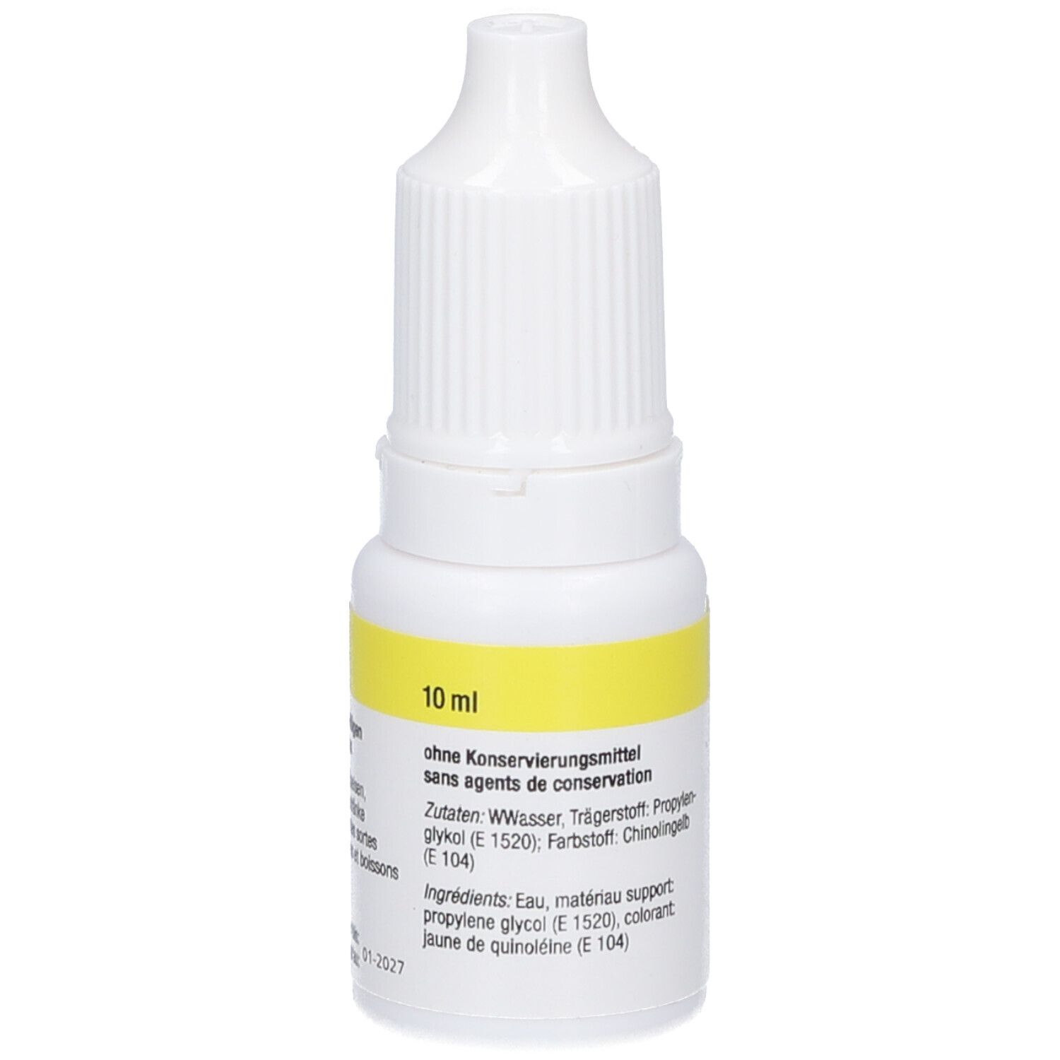 Flacon blanc avec étiquette jaune. Inscription: 10 ml, sans conservateurs. Liste des ingrédients. Flacon compte-gouttes.