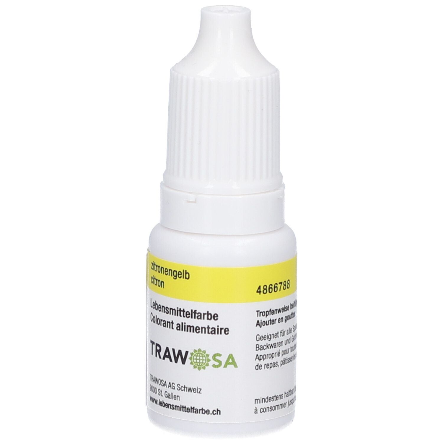 Flacon blanc avec étiquette jaune. Inscription: zitronengelb, Colorant alimentaire, TRAWOSA. Flacon compte-gouttes. Code 4866788.