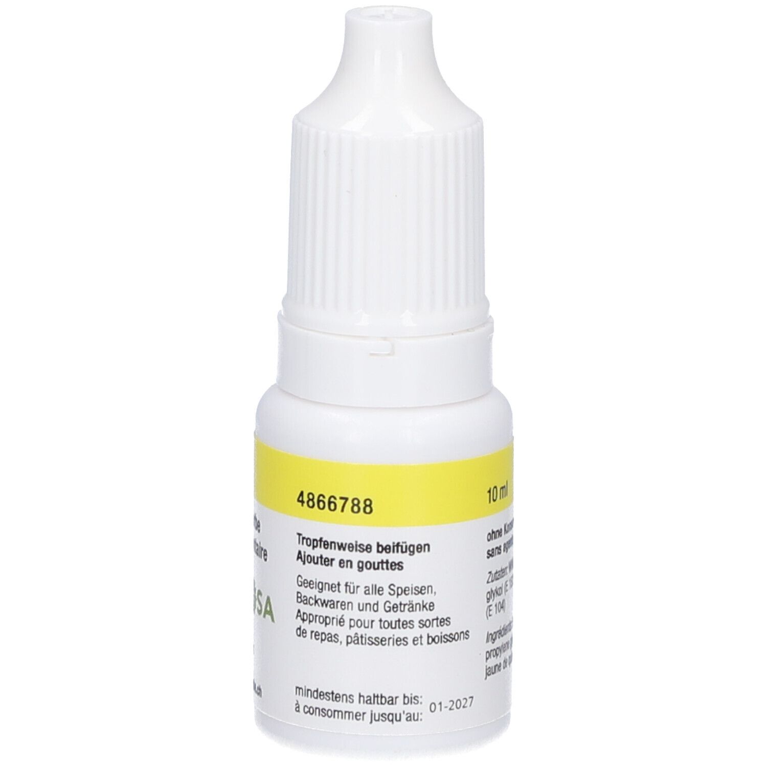 Flacon blanc avec étiquette jaune. Inscription: 10 ml, 4866788. Conseils d'utilisation. A consommer de préférence avant: 01-2027.