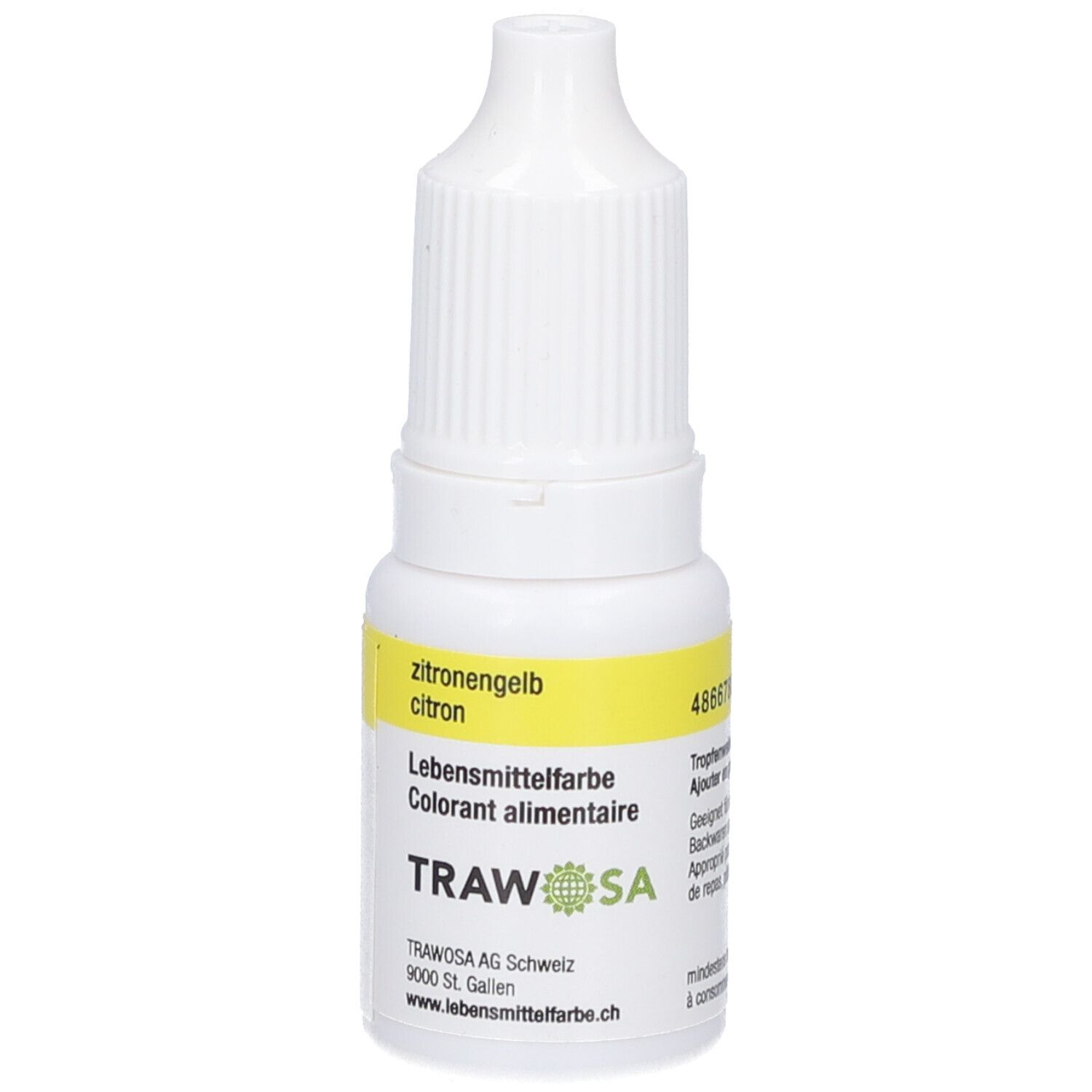 Flacon blanc avec étiquette jaune. Inscription: zitronengelb, Colorant alimentaire, TRAWOSA. Flacon compte-gouttes.