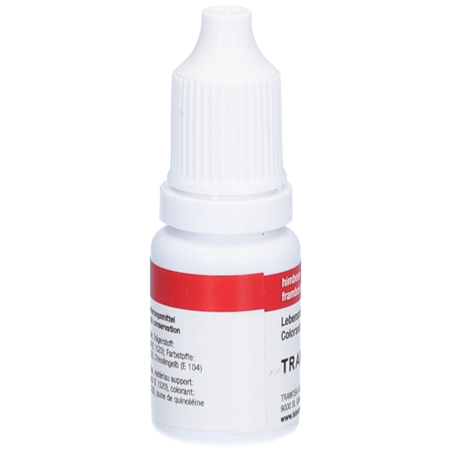 Flacon blanc avec étiquette rouge. Texte: Ingrédients, sans conservateurs. Inscription: Colorant alimentaire. Marque: TRAWOSA.