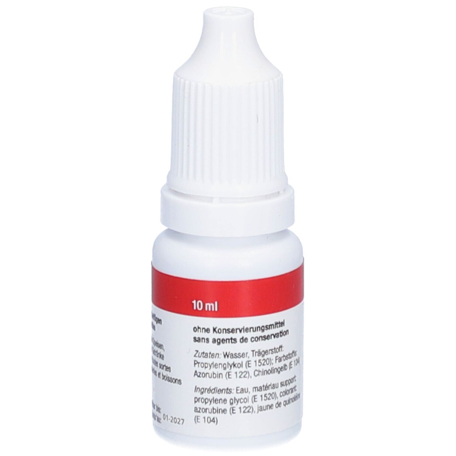 Flacon blanc avec étiquette rouge. Inscription: 10 ml, sans conservateurs. Texte: Ingrédients. Marque: TRAWOSA.