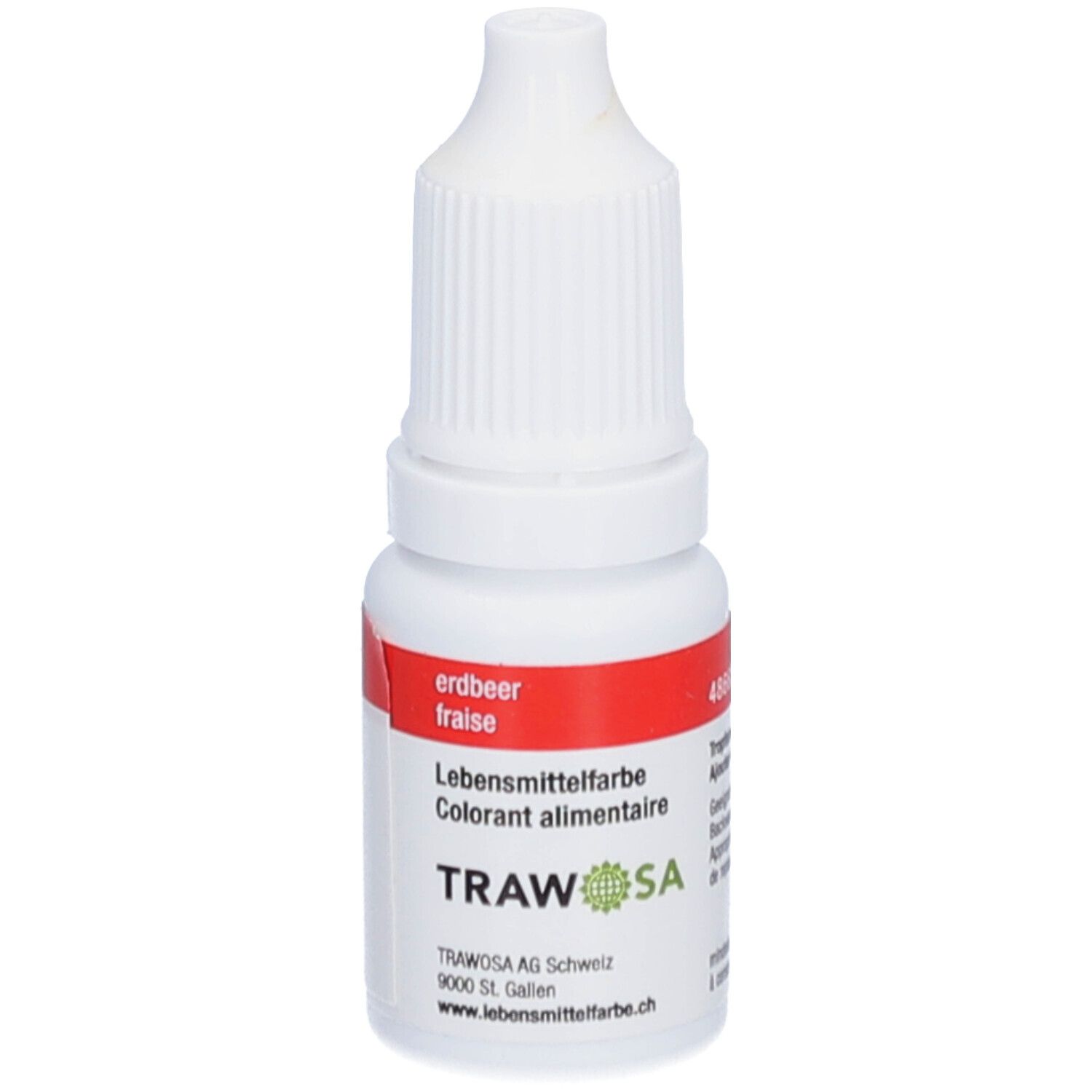 Flacon avec étiquette rouge. Inscription: erdbeer, colorant alimentaire, TRAWOSA. Bouchon blanc avec compte-gouttes.