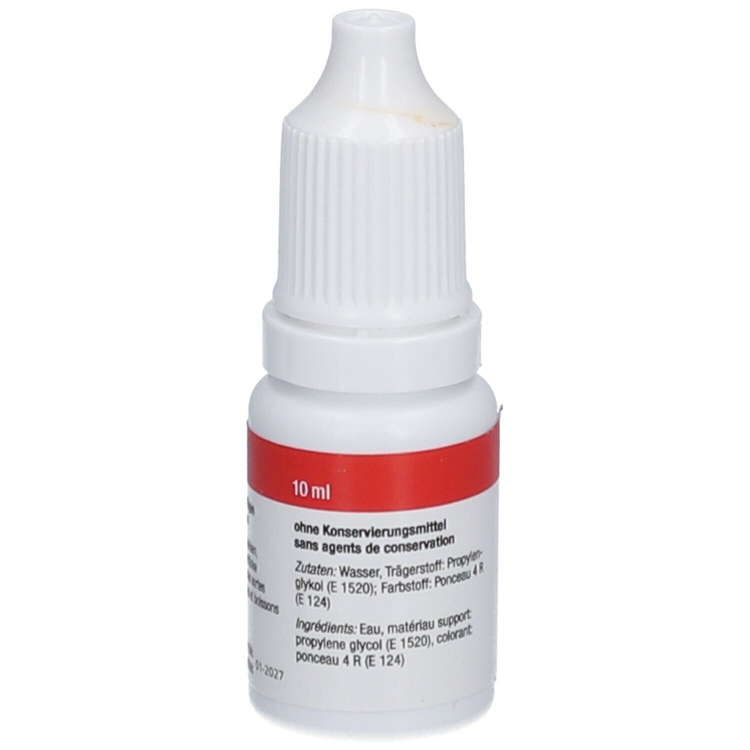 Flacon avec étiquette rouge. Inscription: 10 ml, sans conservateurs. Liste des ingrédients. Bouchon blanc avec compte-gouttes.