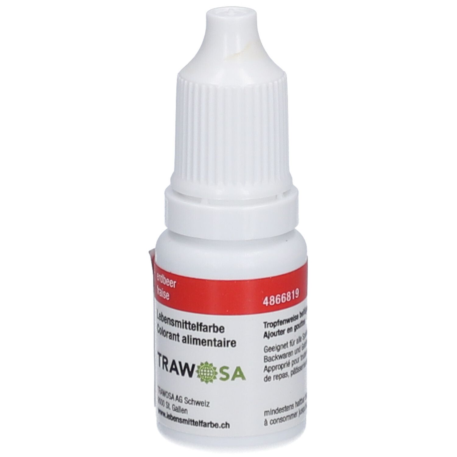 Flacon avec étiquette rouge. Inscription: erdbeer, colorant alimentaire, TRAWOSA. Bouchon blanc avec compte-gouttes. Code 4866819.