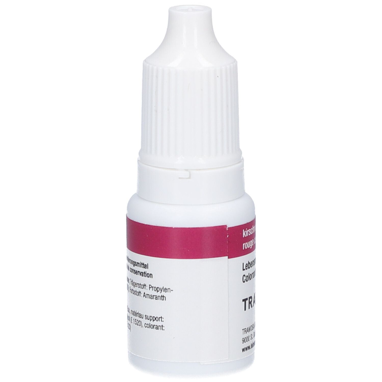 Flacon de colorant alimentaire rouge. Inscriptions : kirschrot, rouge cerise, Lebensmittelfarbe, Colorant alimentaire. Marque : TRAWOSA.