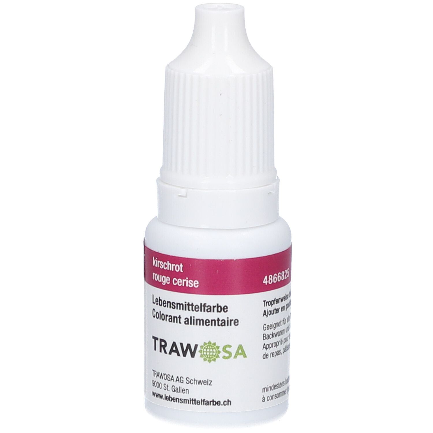 Flacon de colorant alimentaire rouge. Inscriptions : kirschrot, rouge cerise, Lebensmittelfarbe, Colorant alimentaire. Marque : TRAWOSA.