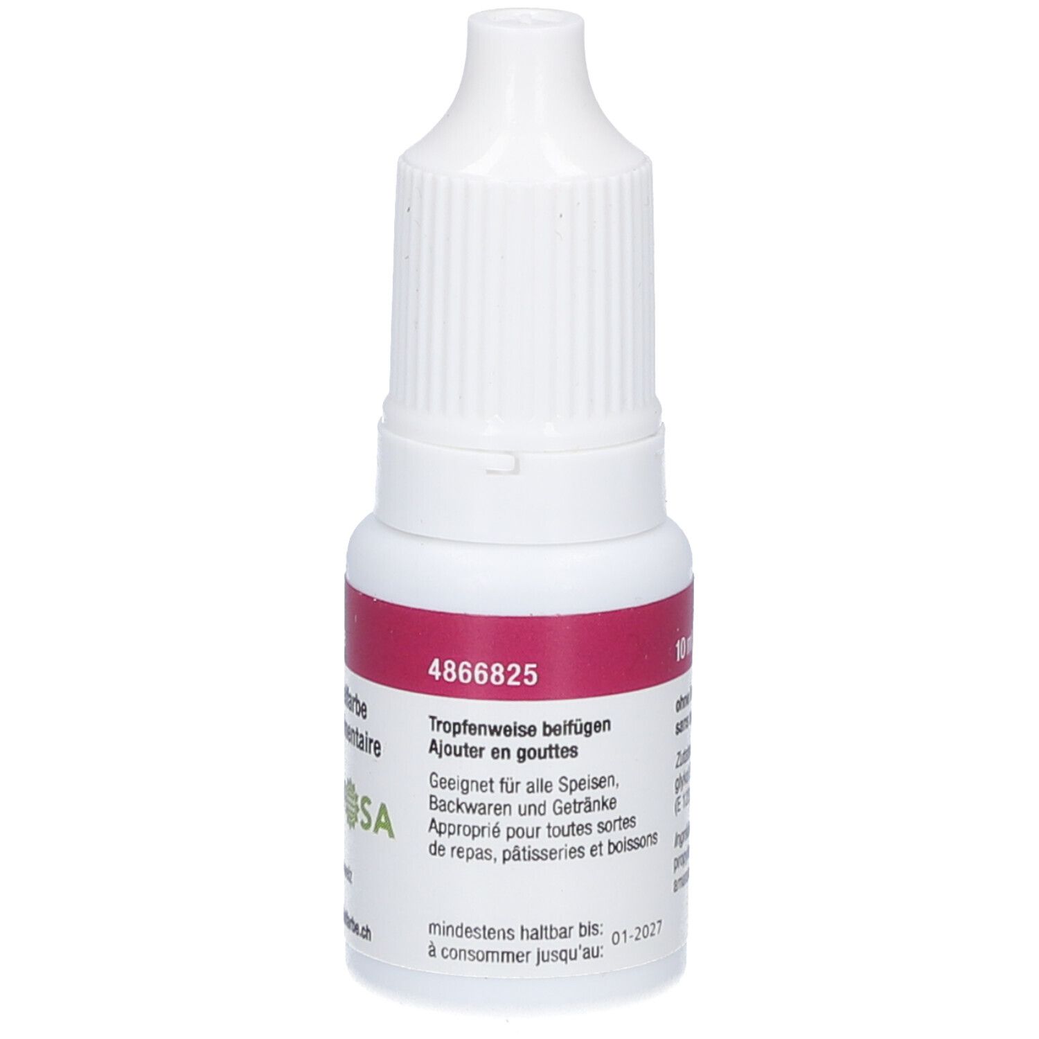 Flacon de colorant alimentaire rouge. Inscriptions : kirschrot, rouge cerise, Lebensmittelfarbe, Colorant alimentaire. Marque : TRAWOSA.