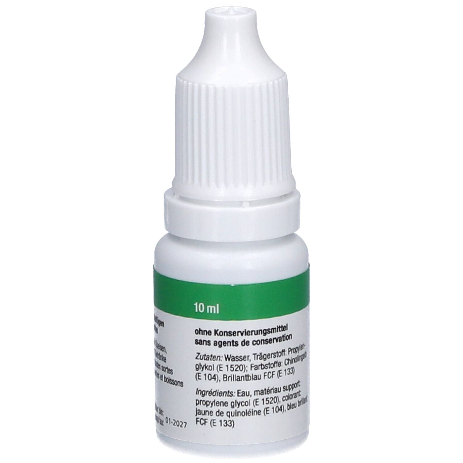 Flacon blanc avec étiquette verte. Inscription : 10 ml, sans conservateurs. Contient des ingrédients.